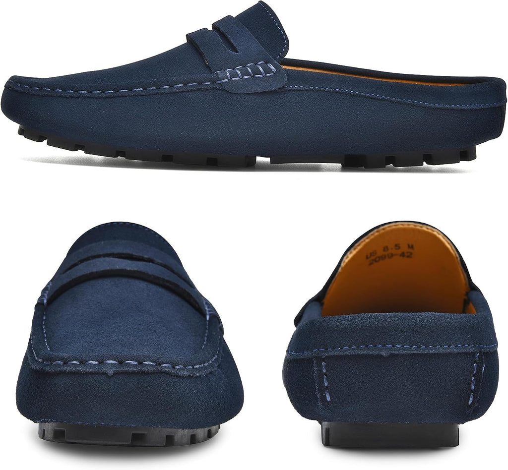 Go Tour Mens Handmade Suede Leather Mules Clog Slippers Breathable Leather Slip on Shoes Casual Loafers Blue