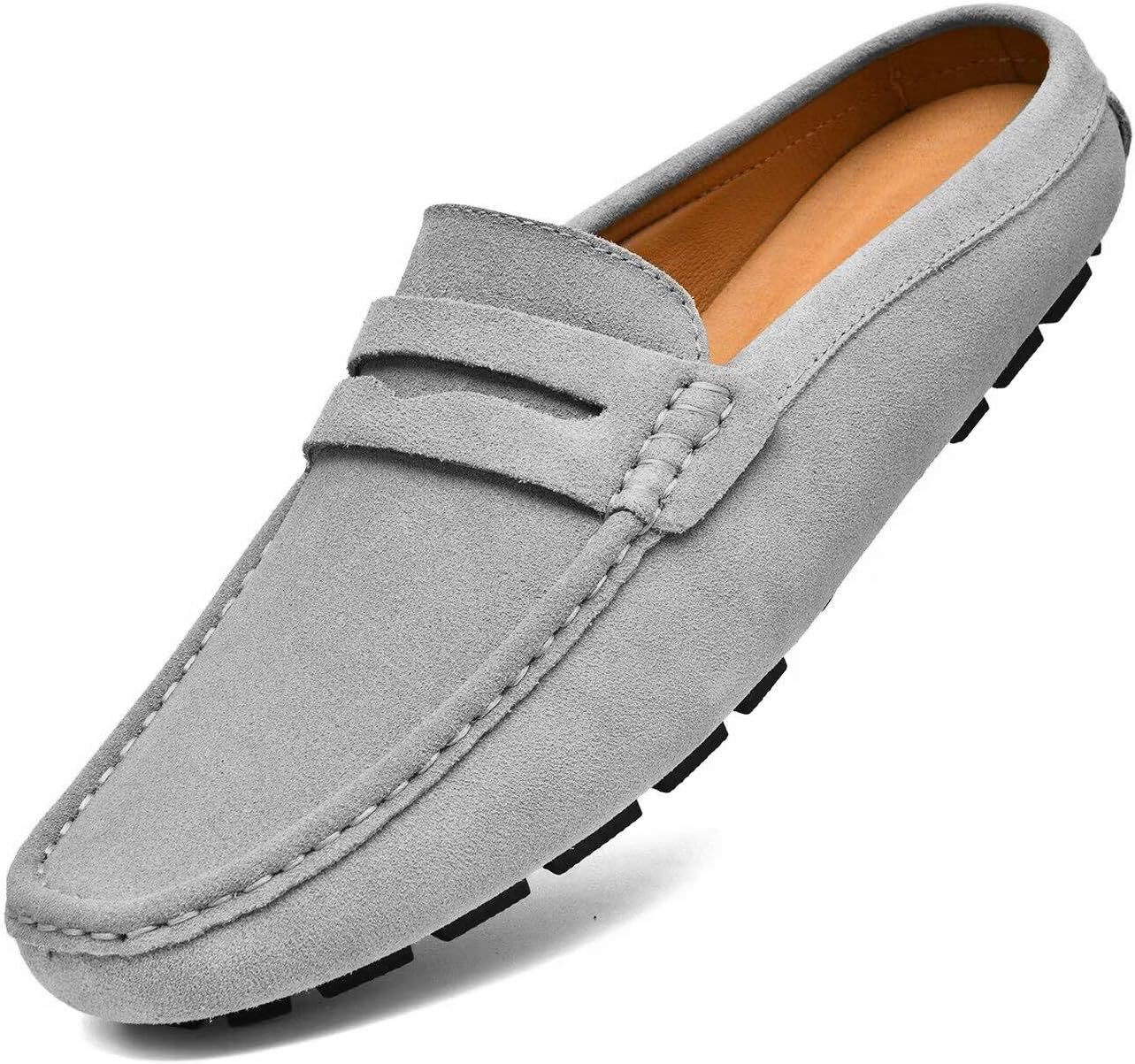 Go Tour Mens Handmade Suede Leather Mules Clog Slippers Breathable Leather Slip on Shoes Casual Loafers Grey