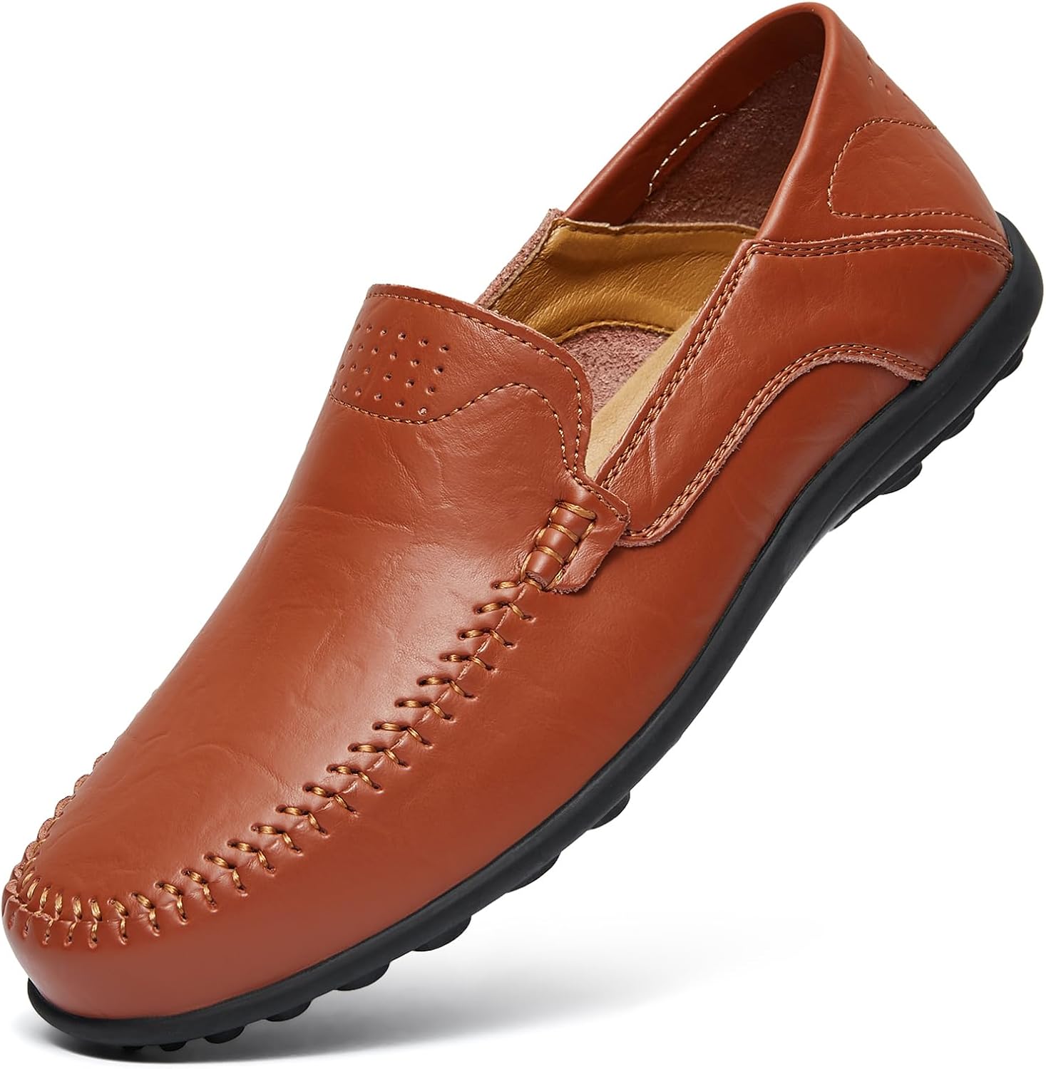 Go Tour Men's Premium Genuine Leather Casual Slip on Loafers Breathable Driving Shoes Fashion Slipper C-brown