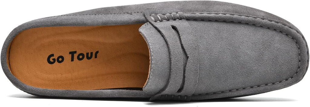 Go Tour Mens Handmade Suede Leather Mules Clog Slippers Breathable Leather Slip on Shoes Casual Loafers Grey