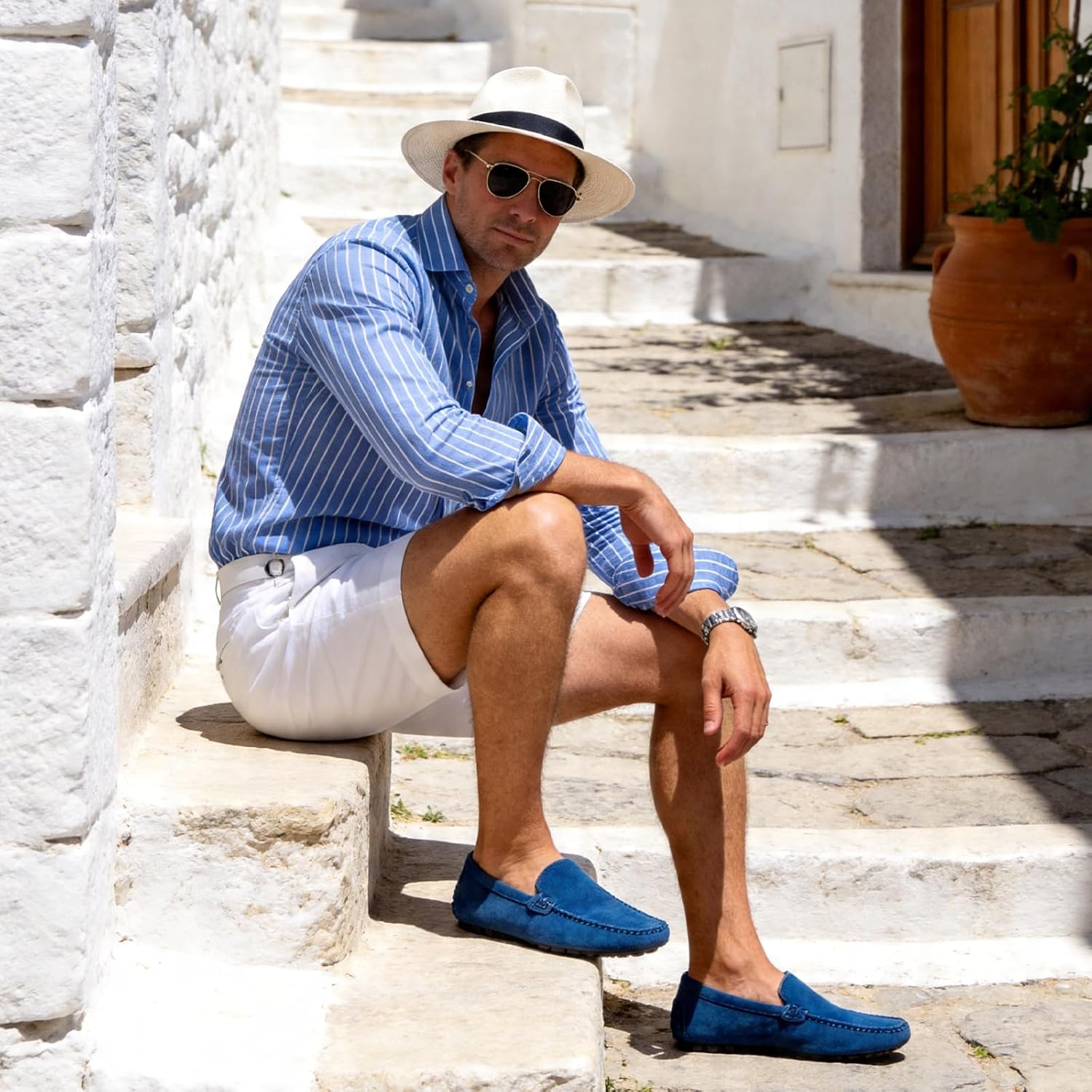 Go Tour Mens Handmade Suede Leather Casual Loafers Shoes A Sapphire Blue