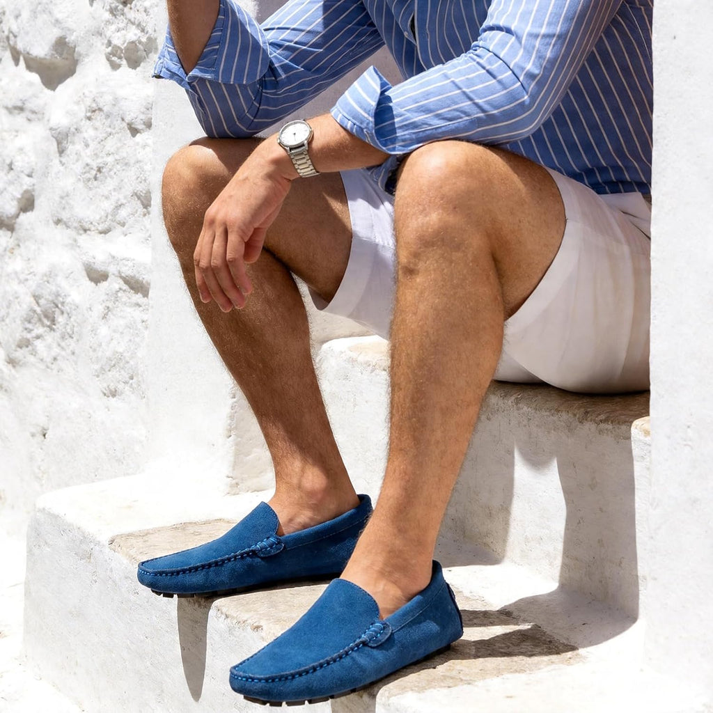 Go Tour Mens Handmade Suede Leather Casual Loafers Shoes A Sapphire Blue