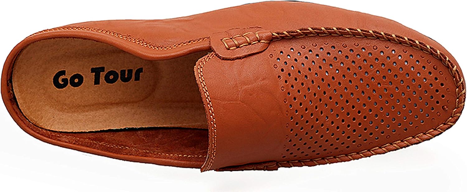 Go Tour Mens Mules Clog Slippers Breathable Punching Leather Slip on Shoes Casual Loafers B-brown Punched