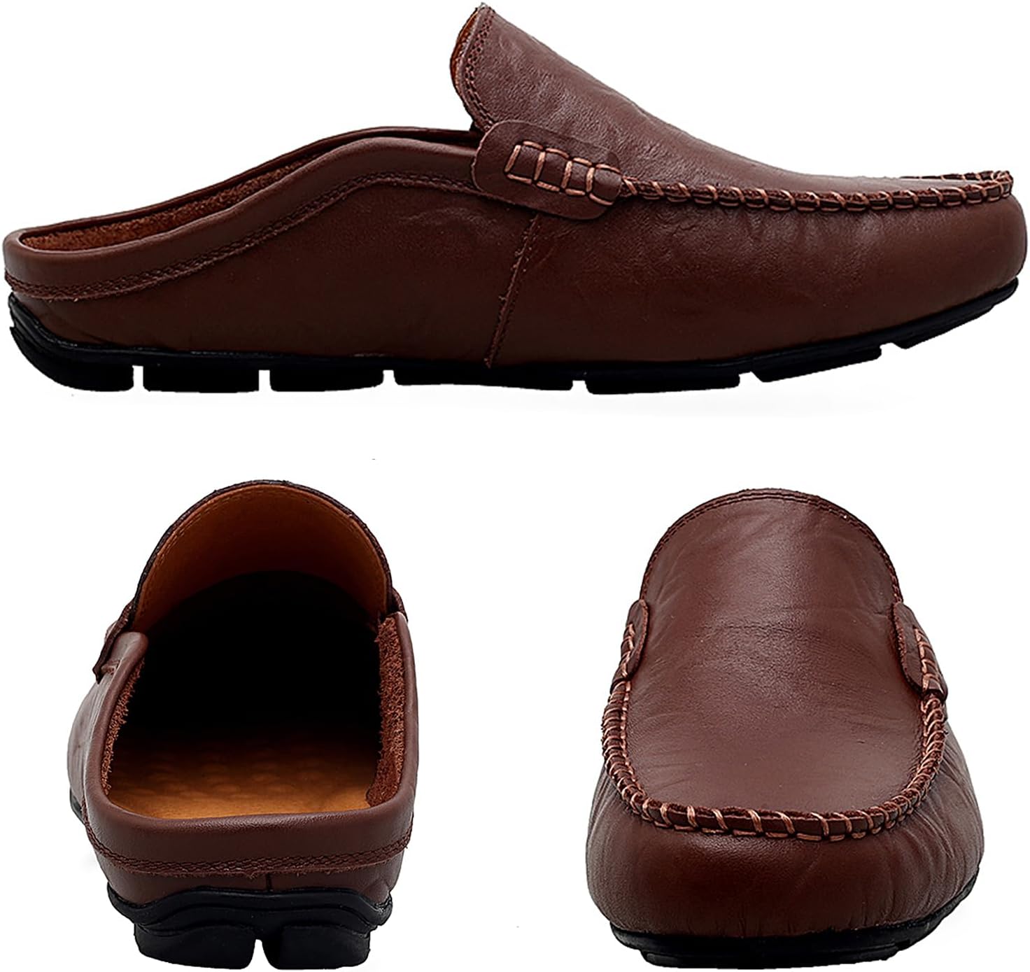 Go Tour Mens Mules Clog Slippers Breathable Punching Leather Slip on Shoes Casual Loafers A-dark Brown