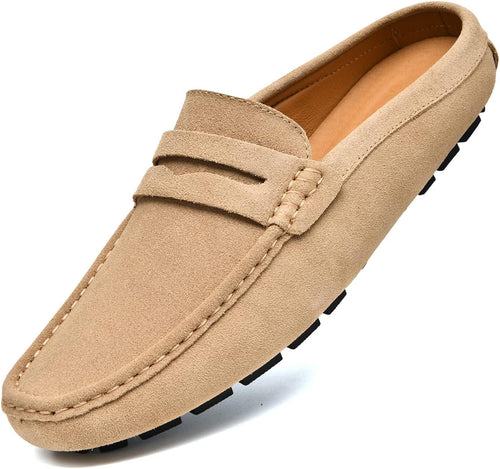 Go Tour Mens Handmade Suede Leather Mules Clog Slippers Breathable Leather Slip on Shoes Casual Loafers Beige