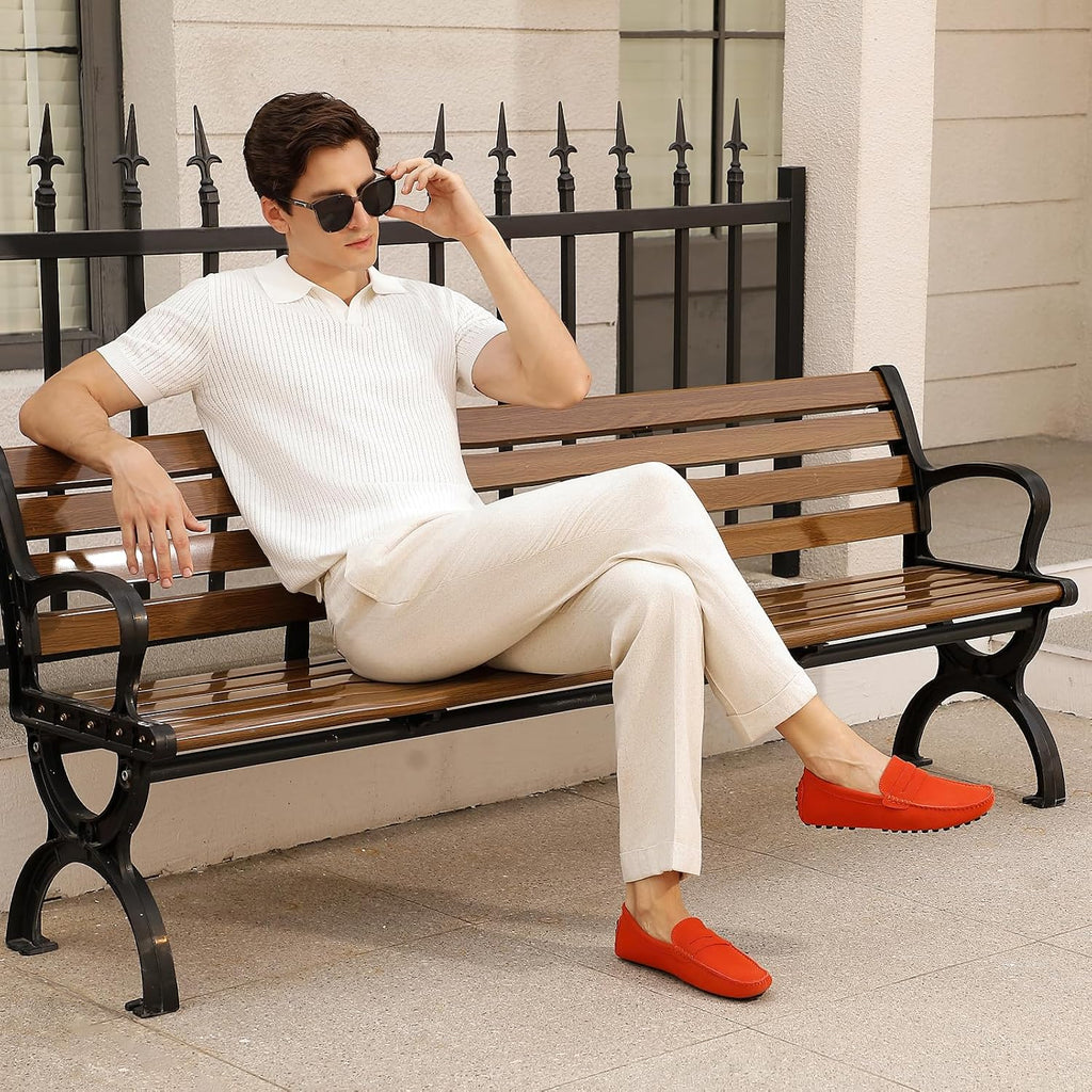 Go Tour Men's Penny Loafers Moccasin Driving Shoes Slip On Flats Boat Shoes Orange