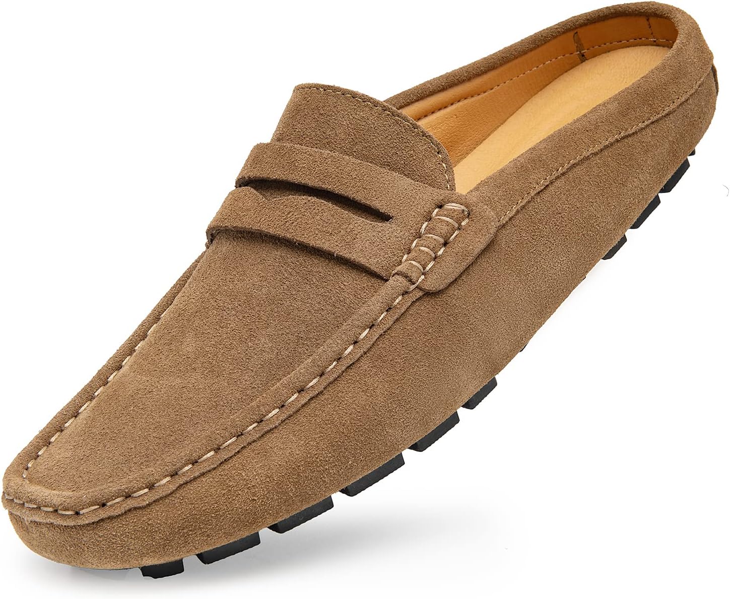 Go Tour Mens Handmade Suede Leather Mules Clog Slippers Breathable Leather Slip on Shoes Casual Loafers Khaki