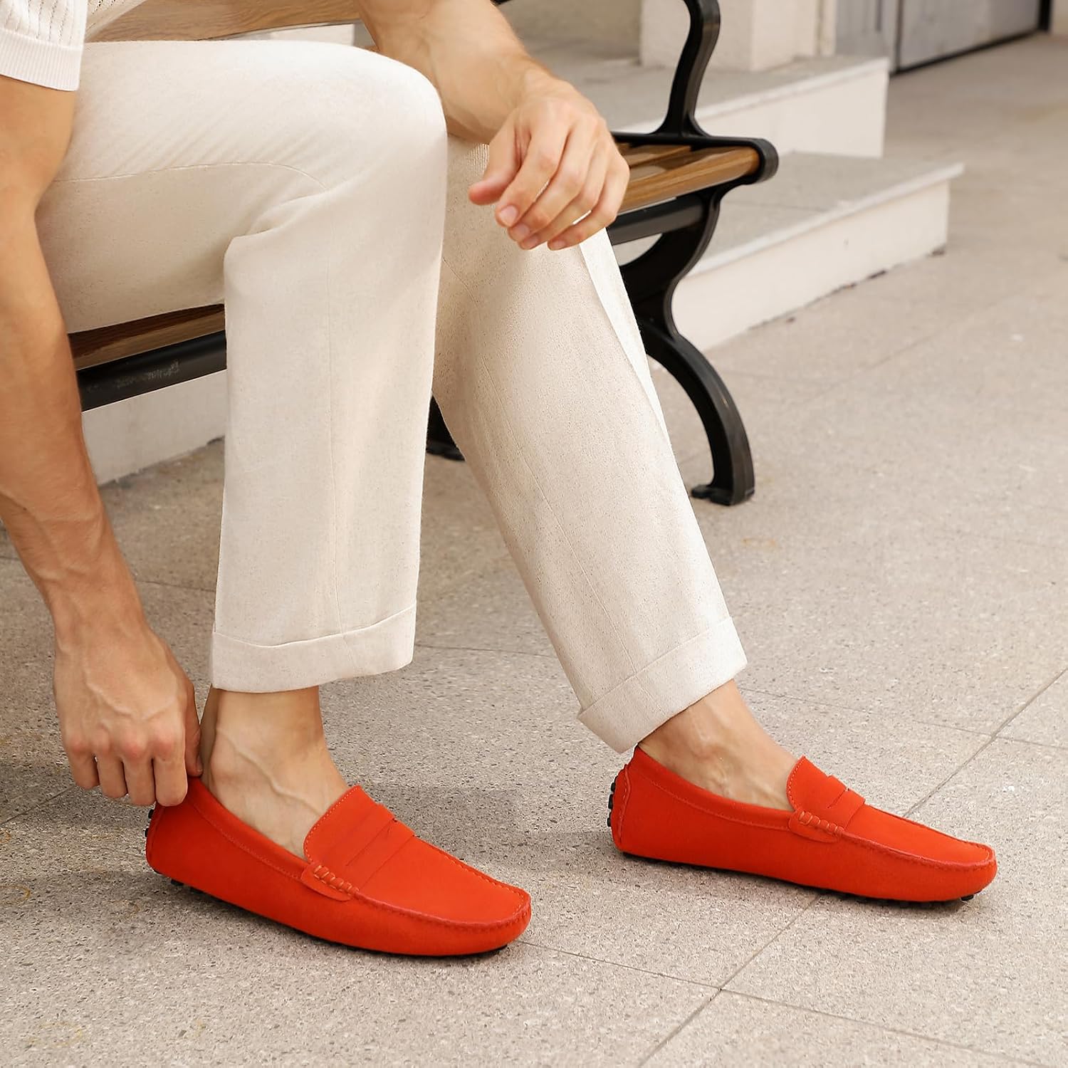 Go Tour Men's Penny Loafers Moccasin Driving Shoes Slip On Flats Boat Shoes Orange