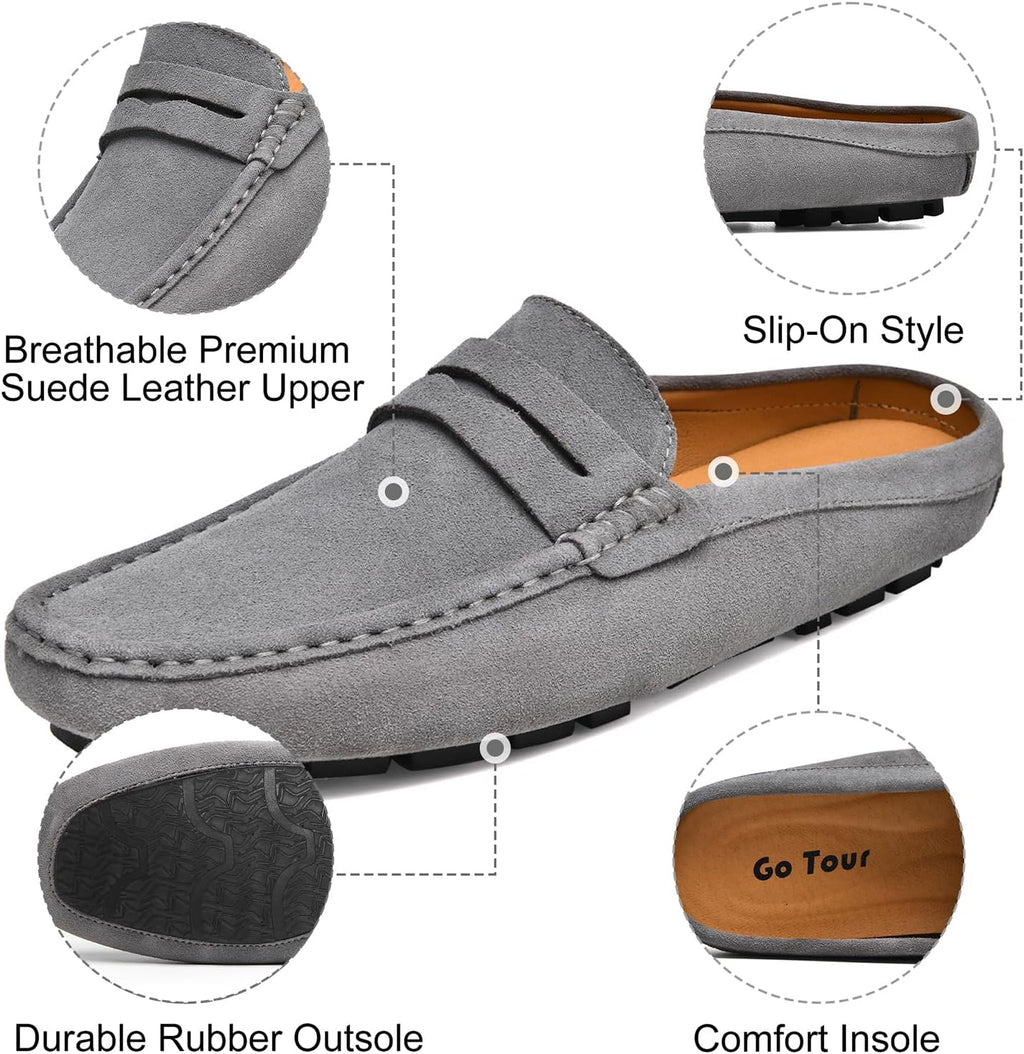 Go Tour Mens Handmade Suede Leather Mules Clog Slippers Breathable Leather Slip on Shoes Casual Loafers Grey
