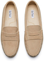 Go Tour Women's Suede Penny Loafers Classic Slip-On Driving Shoes Beige