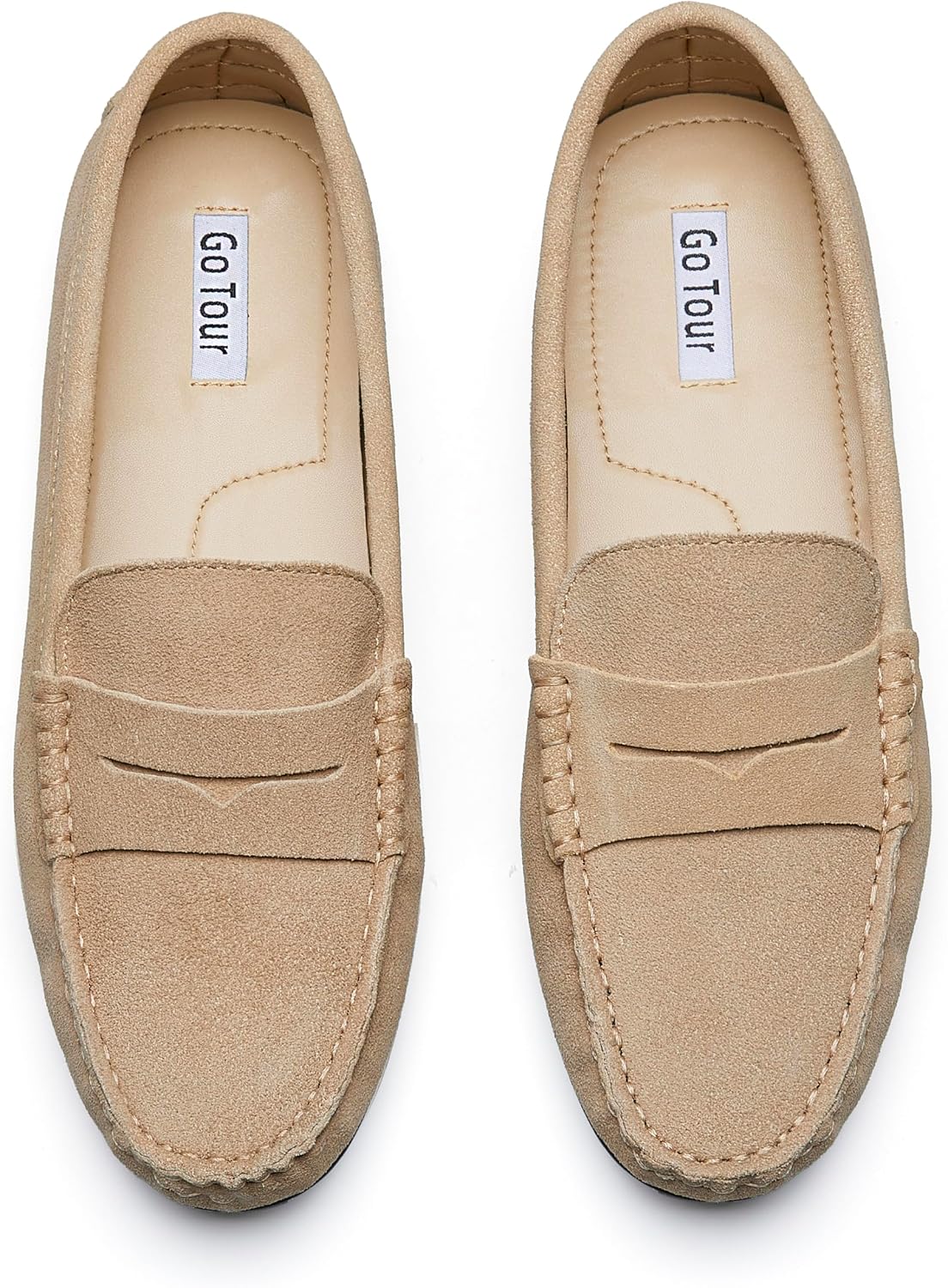 Go Tour Women's Suede Penny Loafers Classic Slip-On Driving Shoes Beige