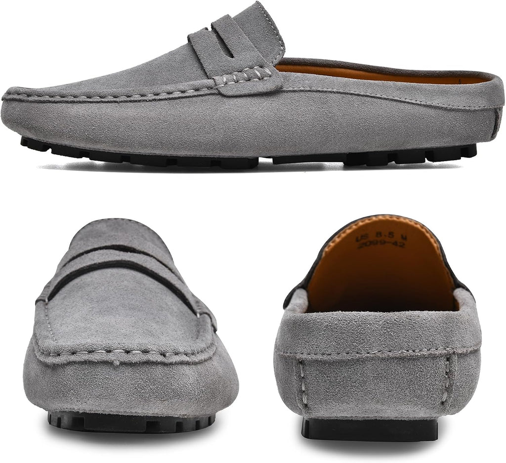 Go Tour Mens Handmade Suede Leather Mules Clog Slippers Breathable Leather Slip on Shoes Casual Loafers Grey