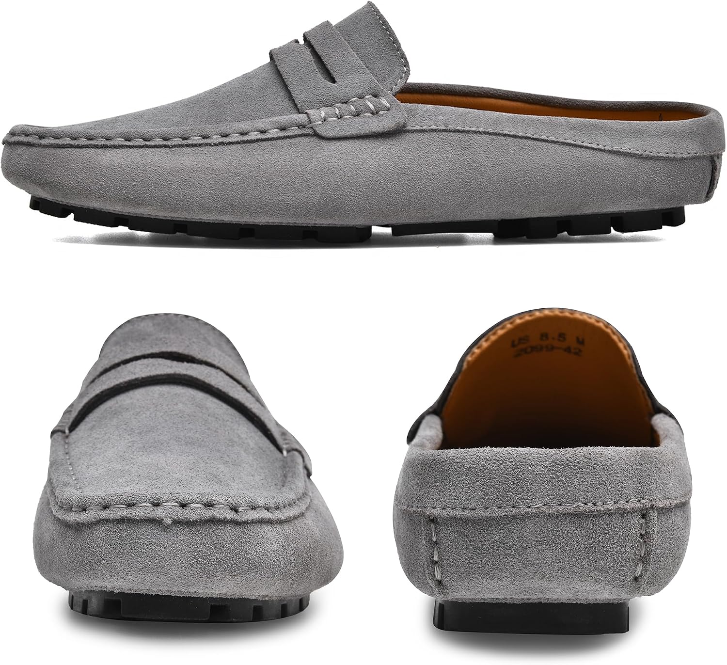 Go Tour Mens Handmade Suede Leather Mules Clog Slippers Breathable Leather Slip on Shoes Casual Loafers Grey
