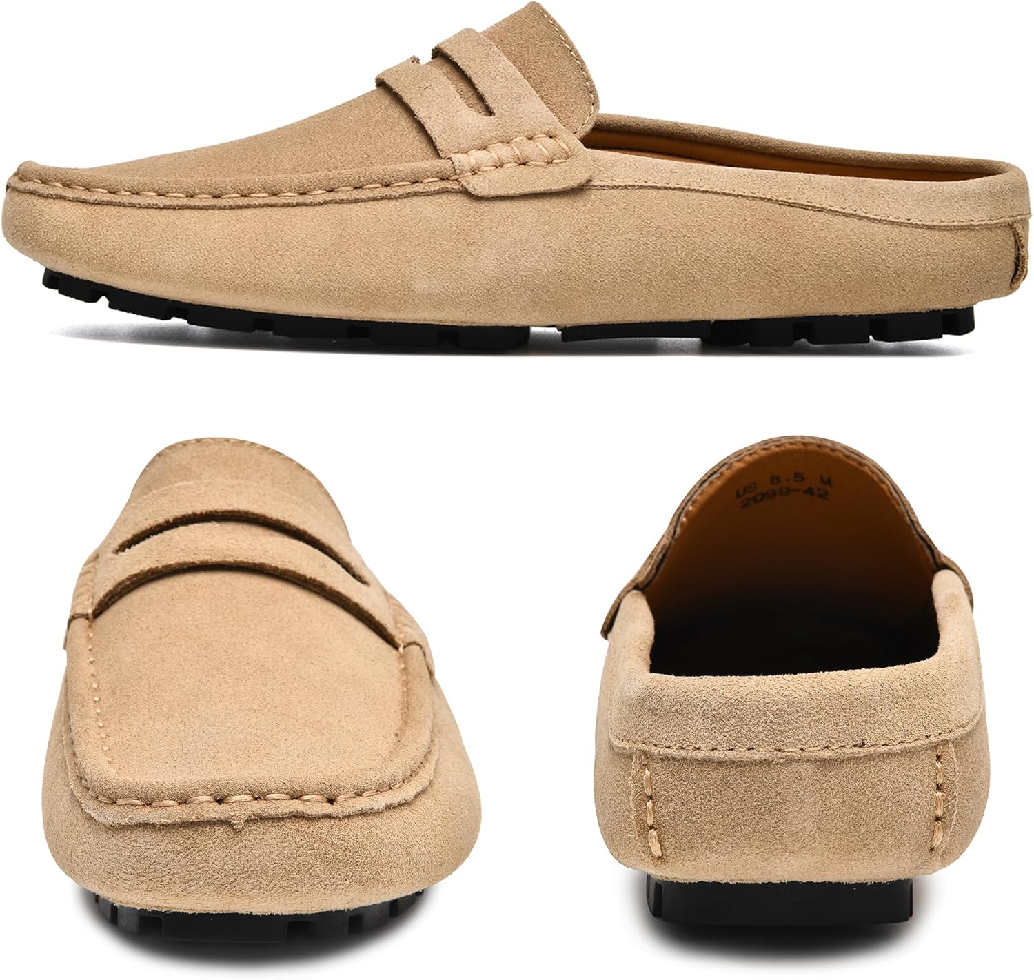 Go Tour Mens Handmade Suede Leather Mules Clog Slippers Breathable Leather Slip on Shoes Casual Loafers Beige