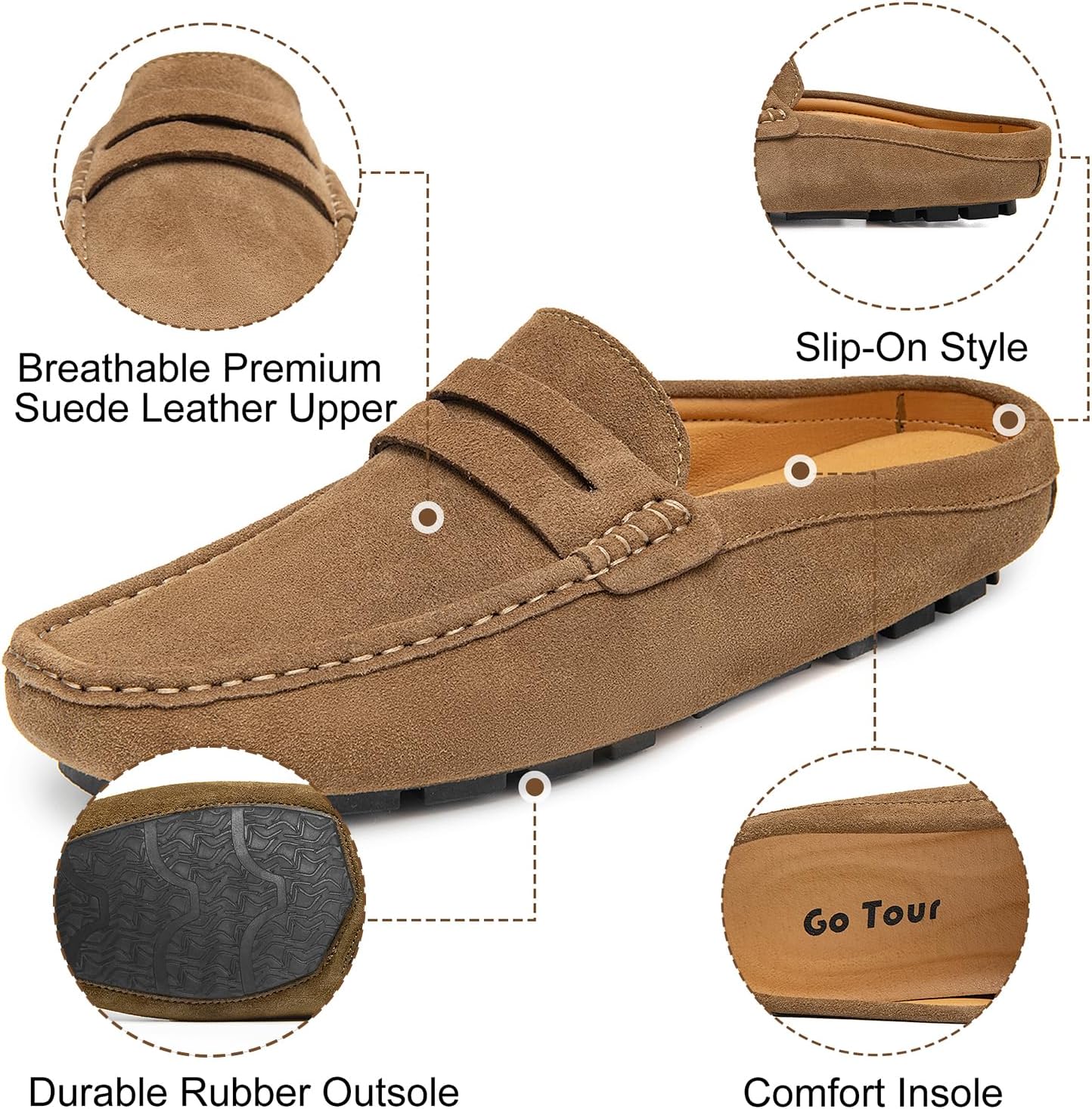 Go Tour Mens Handmade Suede Leather Mules Clog Slippers Breathable Leather Slip on Shoes Casual Loafers Khaki