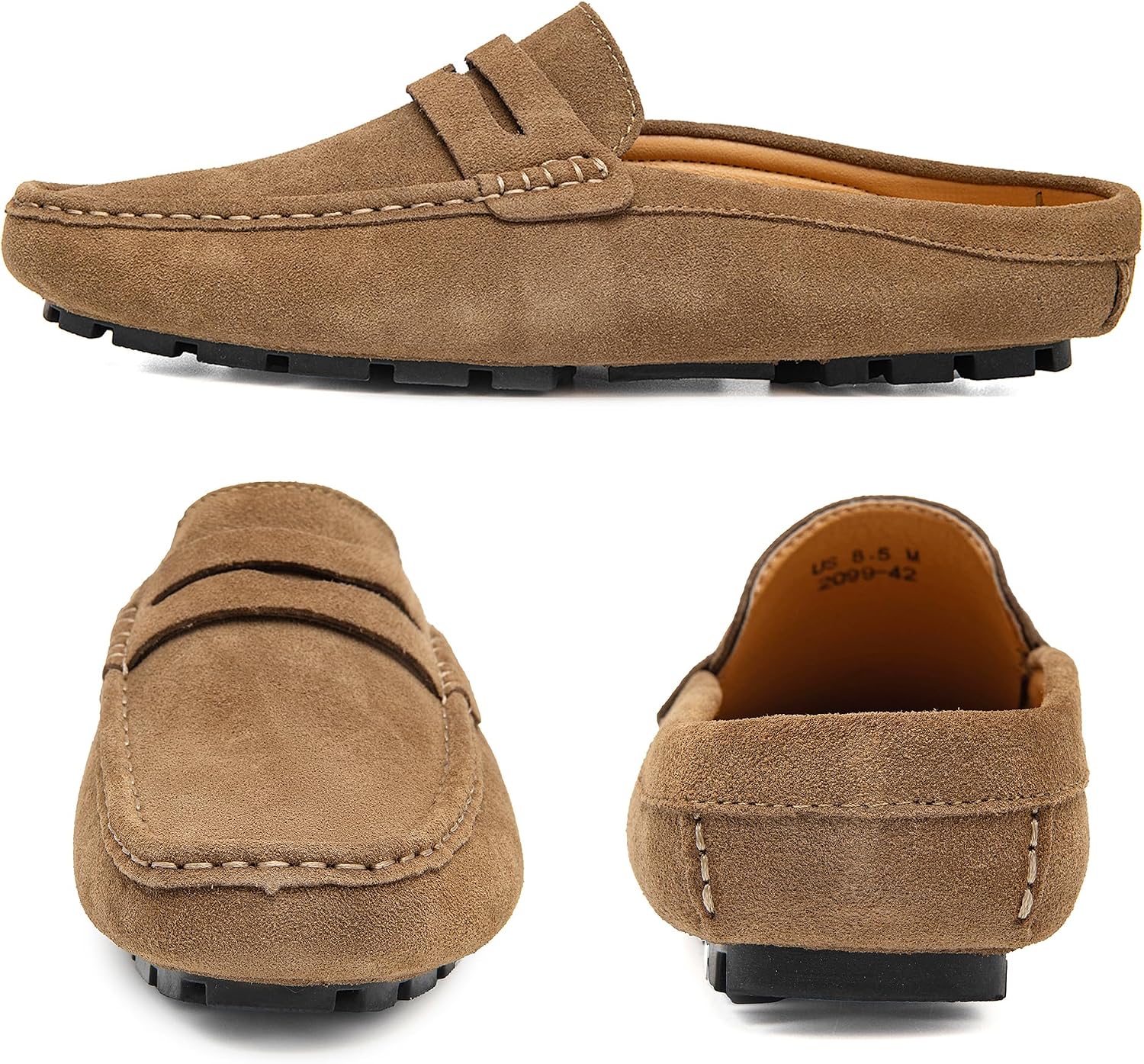 Go Tour Mens Handmade Suede Leather Mules Clog Slippers Breathable Leather Slip on Shoes Casual Loafers Khaki