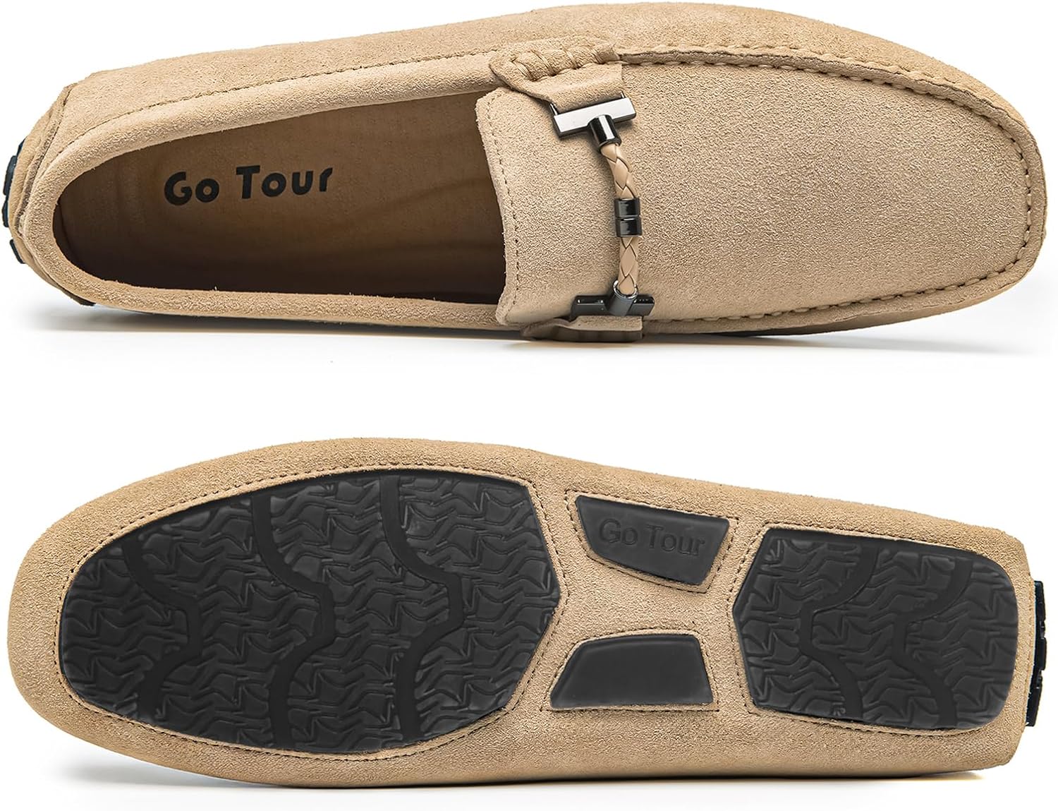 Go Tour Men's Penny Loafers Moccasin Driving Shoes Slip On Flats Boat Shoes Beige